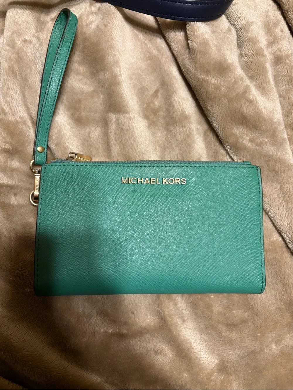 Michael Kors Green Teal Wristlet Clutch with Gold Logo